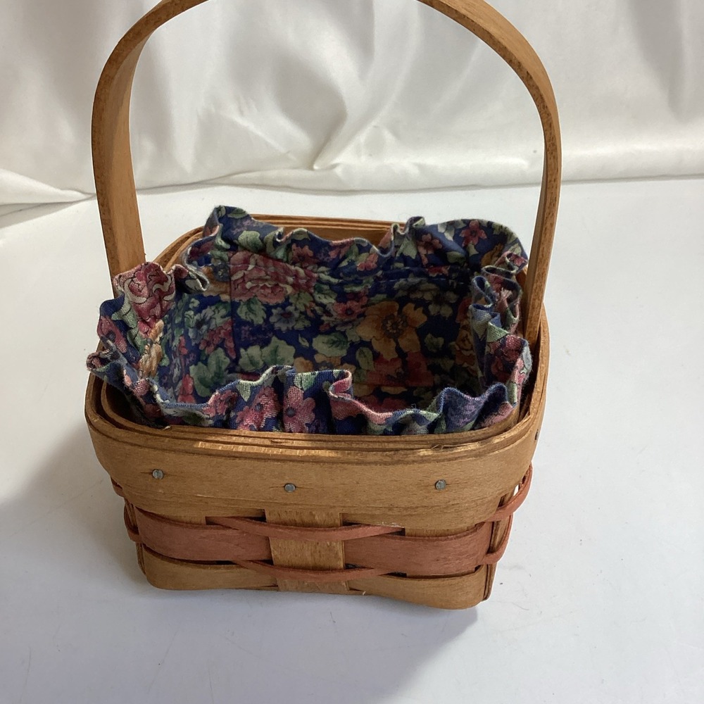 longaberger small square basket with handle and floral liner 5"x5"x7"